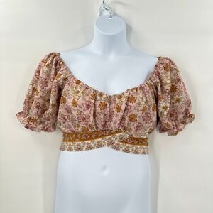 Boho Cottagecore Crop Top‎ Medium Floral Puff Sleeve Pink Yellow Festival